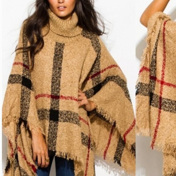 Camel mocha plaid turtleneck poncho wrap NWT - Picture 8 of 8